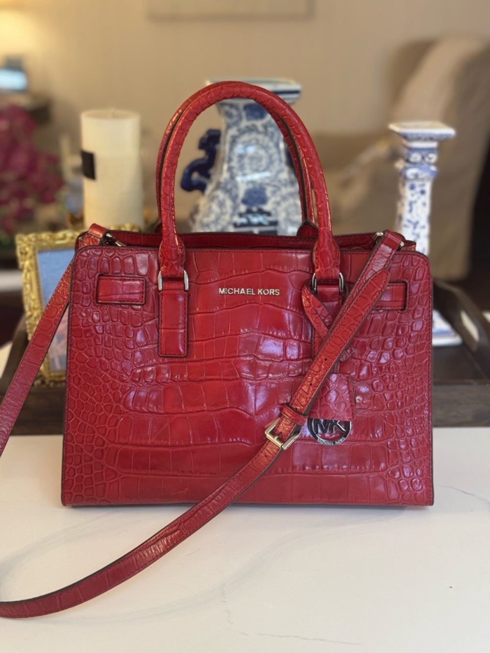 ❤️ MICHAEL KORS DILLON RED MEDIUM LEATHER CROCO EMBOSSED SATCHEL!